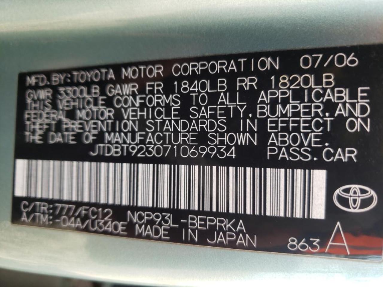 Photo 10 from auction – 2007 TOYOTA YARIS with VIN JTDBT923071069934