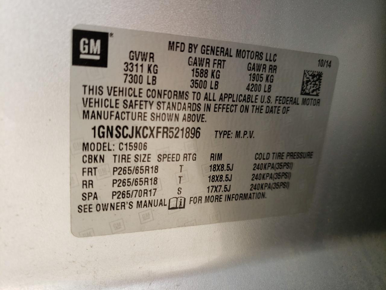 Photo 10 from auction – 2015 CHEVROLET SUBURBAN C with VIN 1GNSCJKCXFR521896