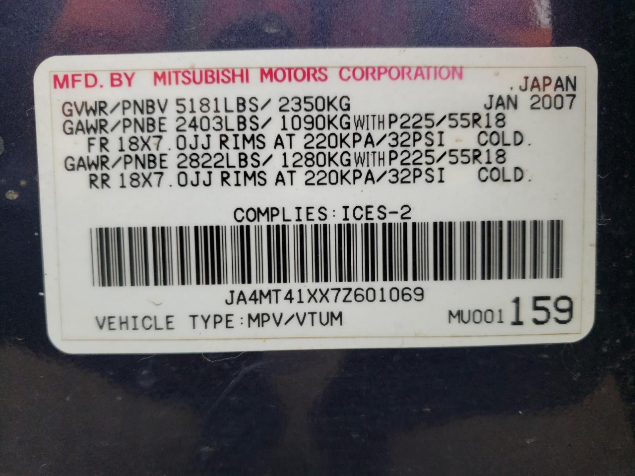 Photo 10 from auction – 2007 MITSUBISHI OUTLANDER with VIN JA4MT41XX7Z601069