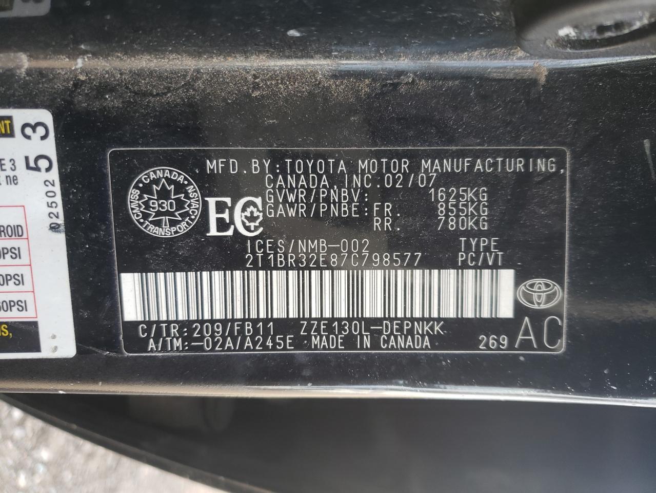 Photo 10 from auction – 2007 TOYOTA COROLLA CE with VIN 2T1BR32E87C798577