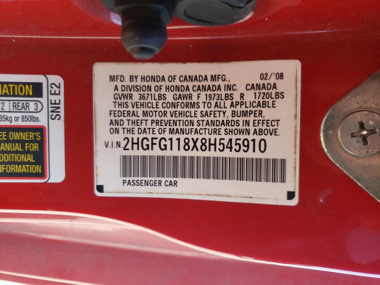 Photo 10 from auction – 2008 HONDA CIVIC EX with VIN 2HGFG118X8H545910