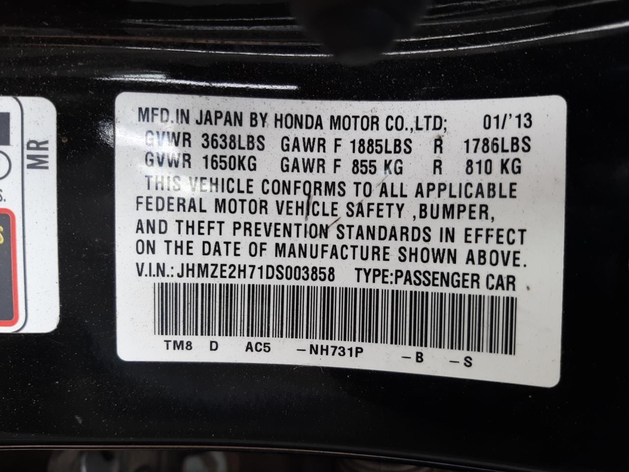 Photo 10 from auction – 2013 HONDA INSIGHT EX with VIN JHMZE2H71DS003858