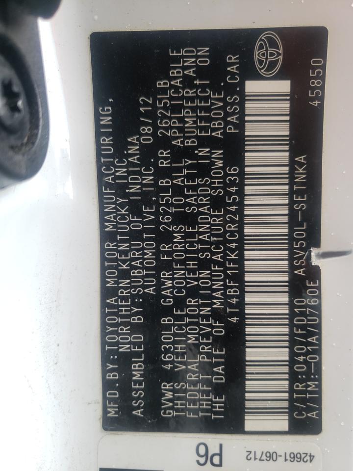 Photo 10 from auction – 2012 TOYOTA CAMRY BASE with VIN 4T4BF1FK4CR245436