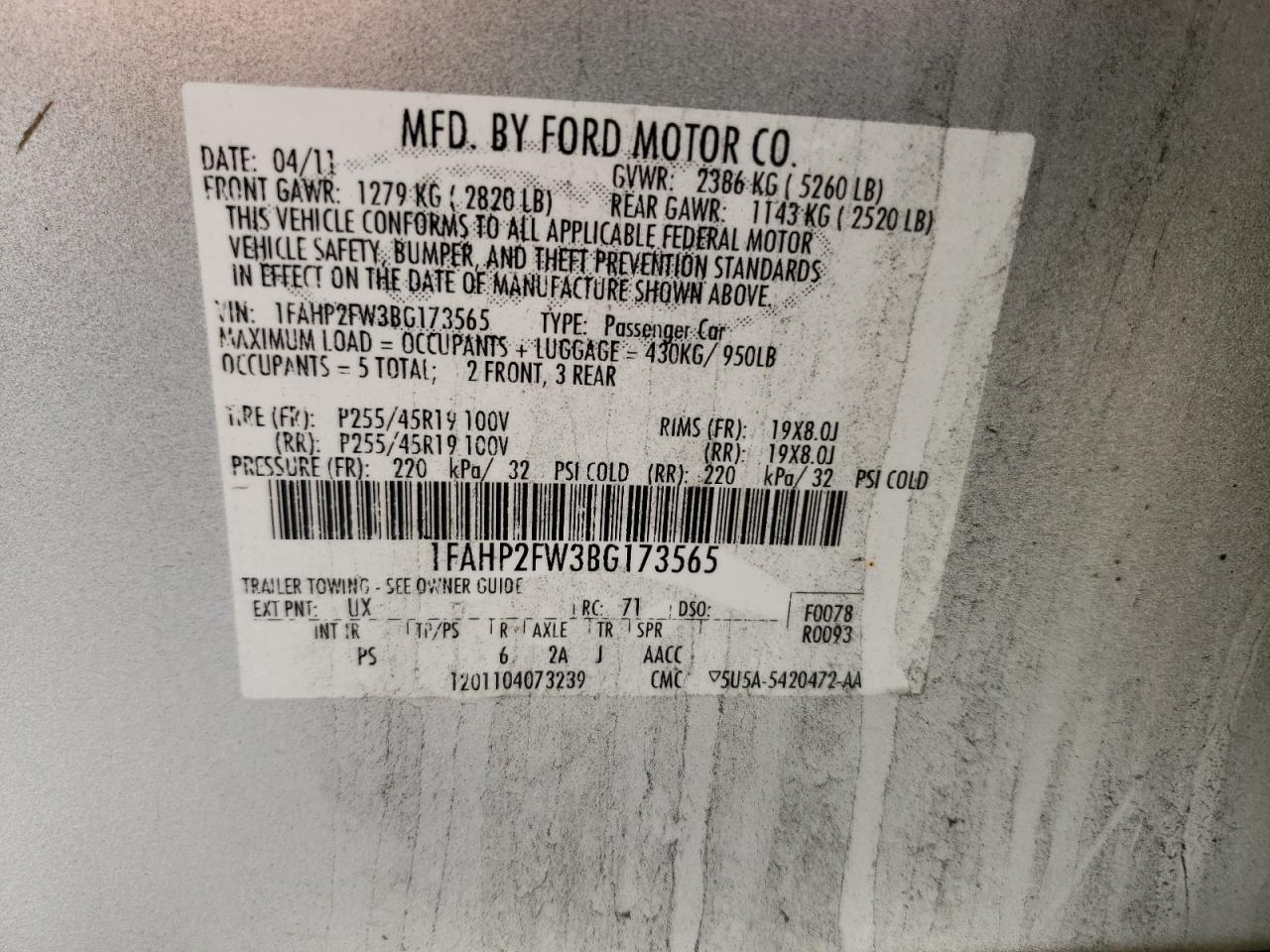 Photo 10 from auction – 2011 FORD TAURUS LIM with VIN 1FAHP2FW3BG173565