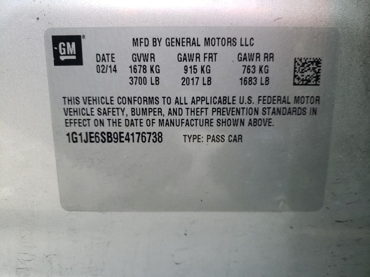 Photo 10 from auction – 2014 CHEVROLET SONIC LTZ with VIN 1G1JE6SB9E4176738