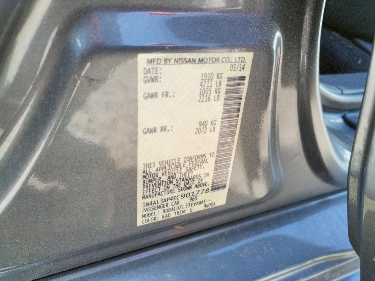 Photo 10 from auction – 2014 NISSAN ALTIMA 2.5 with VIN 1N4AL3AP4EC901778