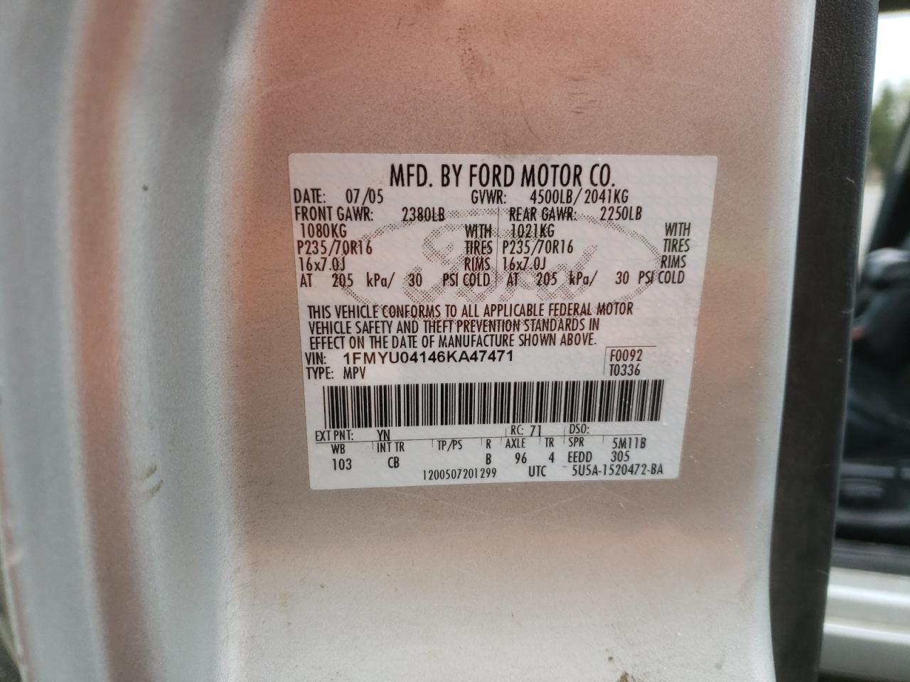 Photo 10 from auction – 2006 FORD ESCAPE LIM with VIN 1FMYU04146KA47471