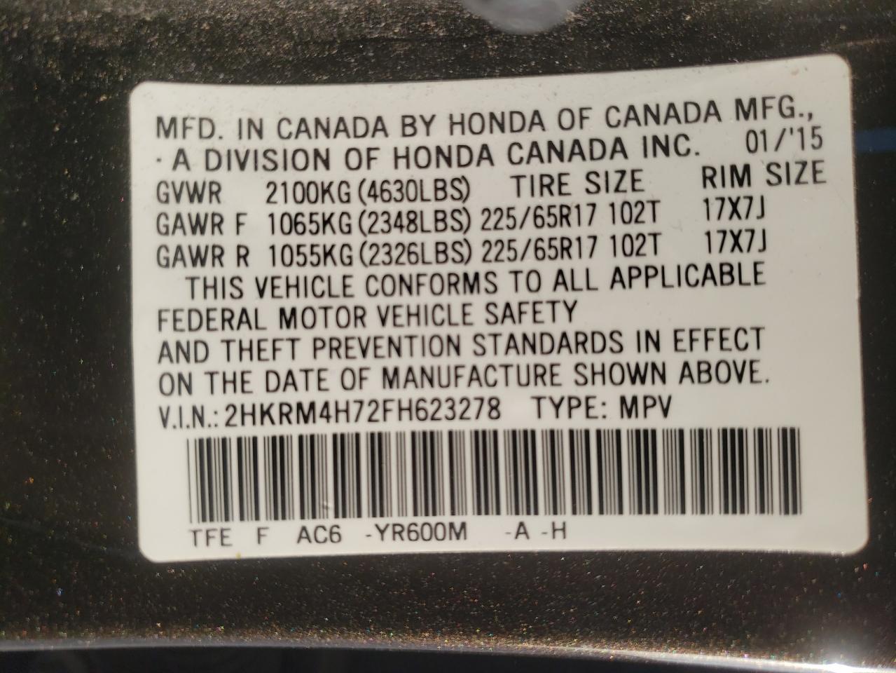 Photo 10 from auction – 2015 HONDA CR-V EXL with VIN 2HKRM4H72FH623278