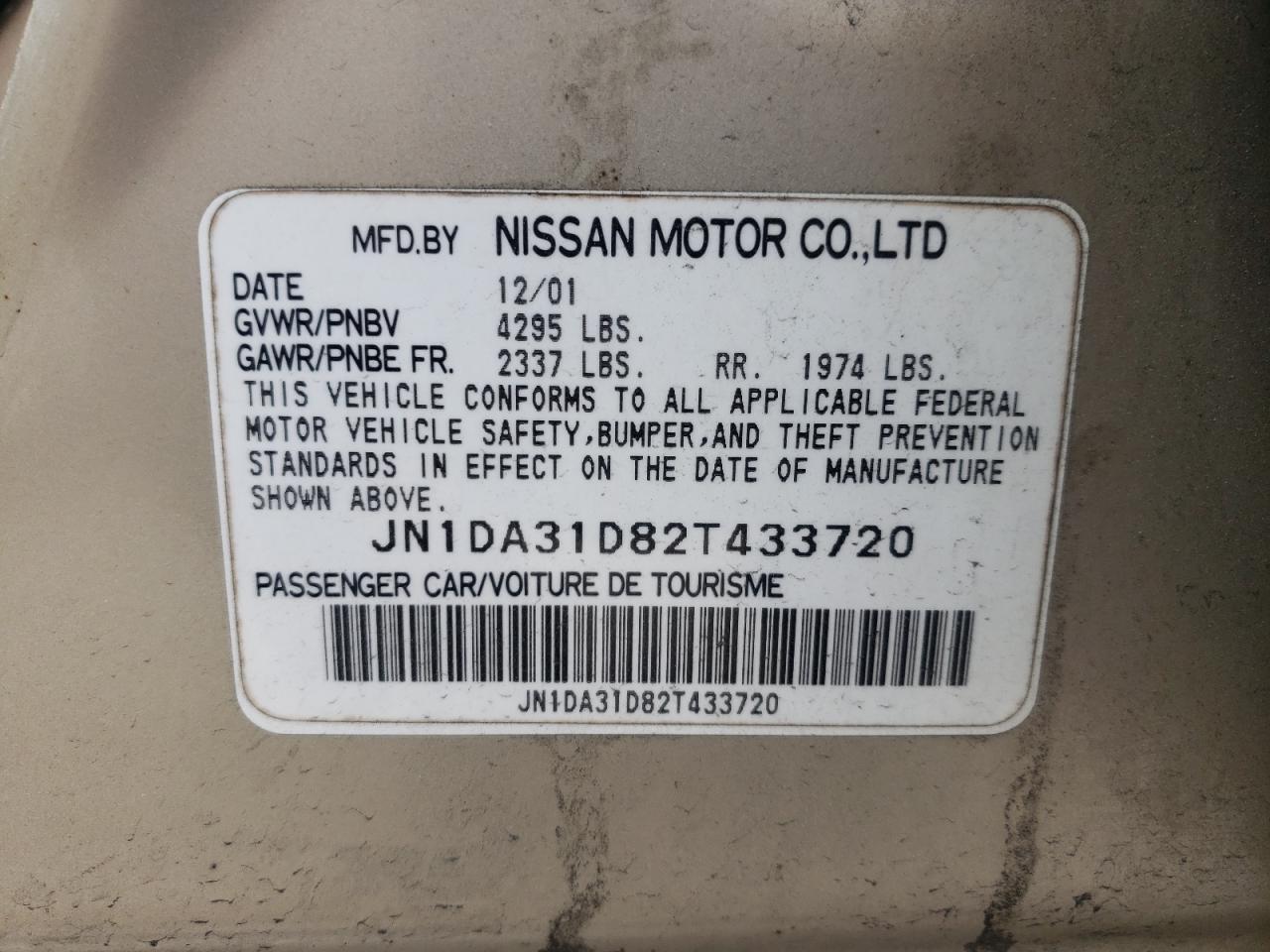 Photo 10 from auction – 2002 NISSAN MAXIMA GLE with VIN JN1DA31D82T433720