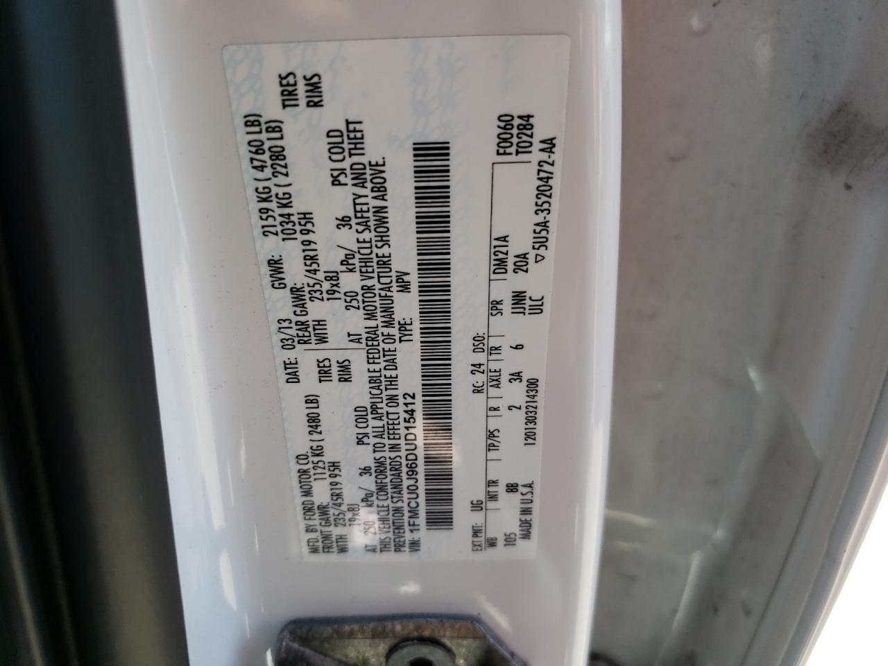 Photo 10 from auction – 2013 FORD ESCAPE TIT with VIN 1FMCU0J96DUD15412