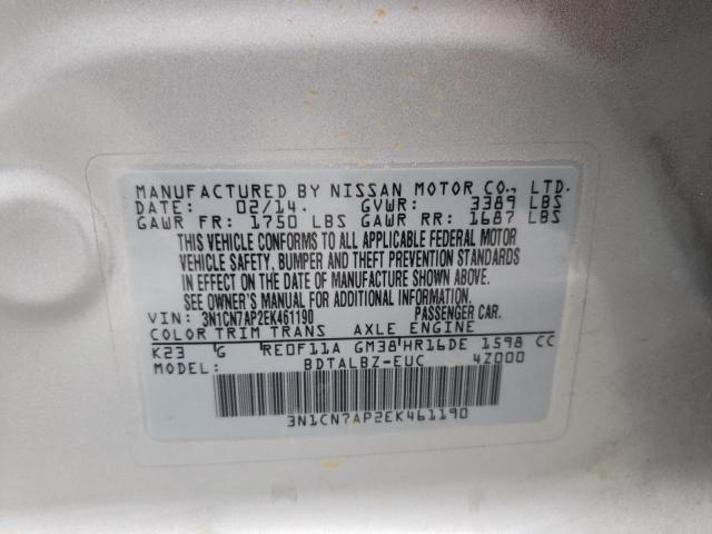 Photo 10 from auction – 2014 NISSAN VERSA S with VIN 3N1CN7AP2EK461190