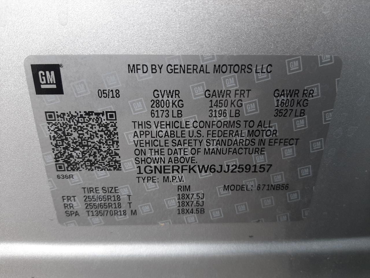 Photo 10 from auction – 2018 CHEVROLET TRAVERSE L with VIN 1GNERFKW6JJ259157