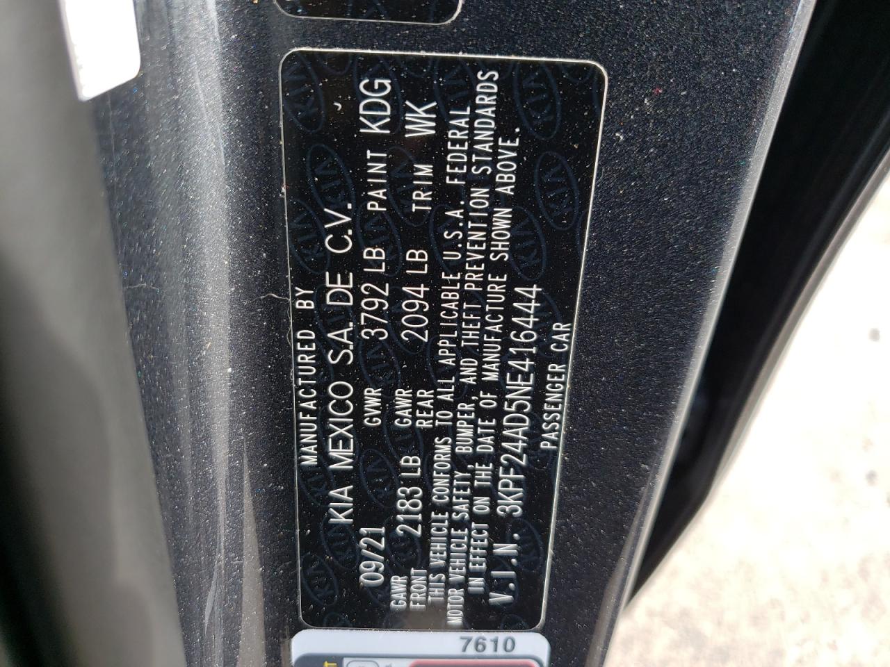 Photo 10 from auction – 2022 KIA FORTE FE with VIN 3KPF24AD5NE416444