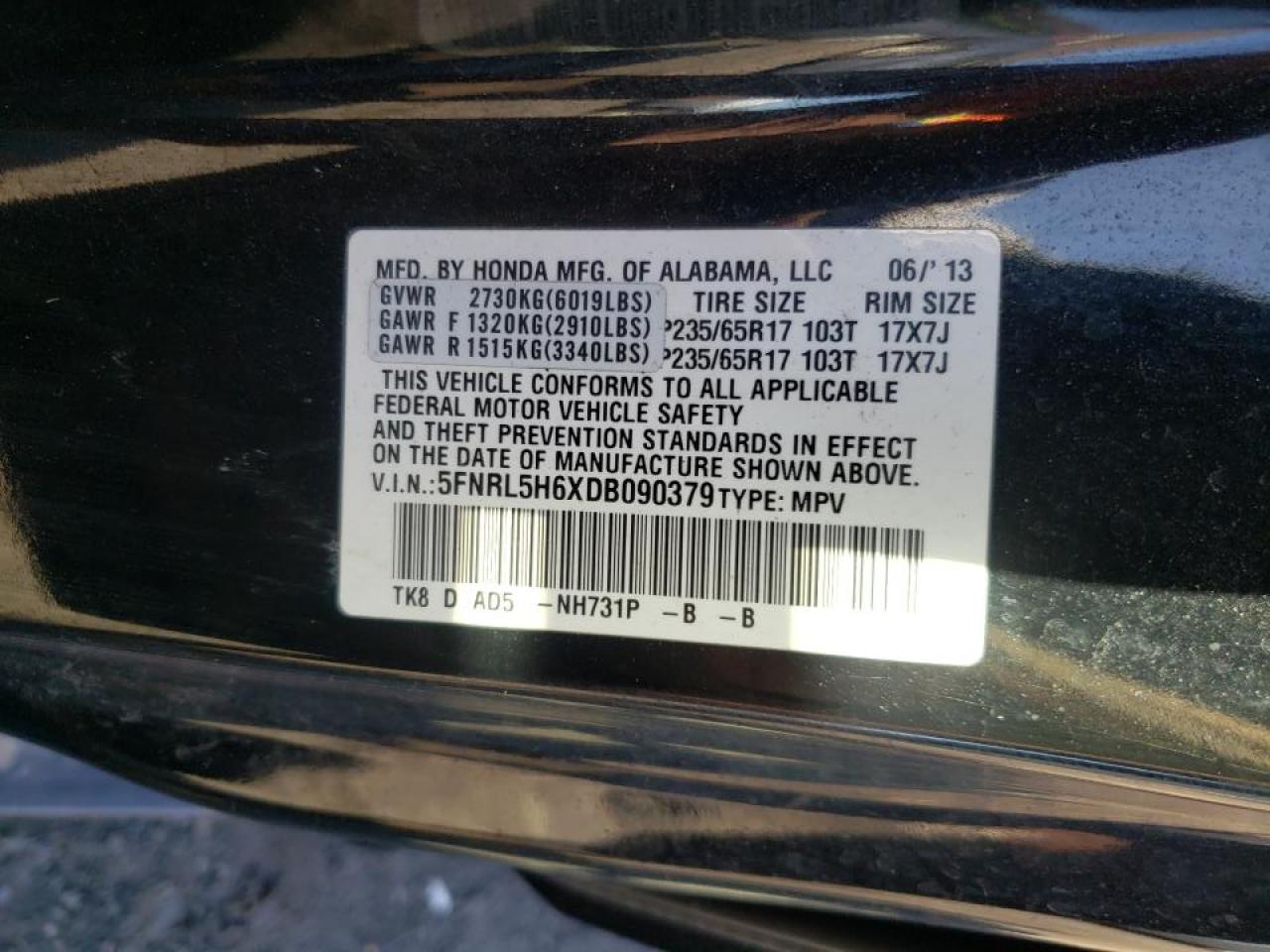 Photo 10 from auction – 2013 HONDA ODYSSEY EX with VIN 5FNRL5H6XDB090379