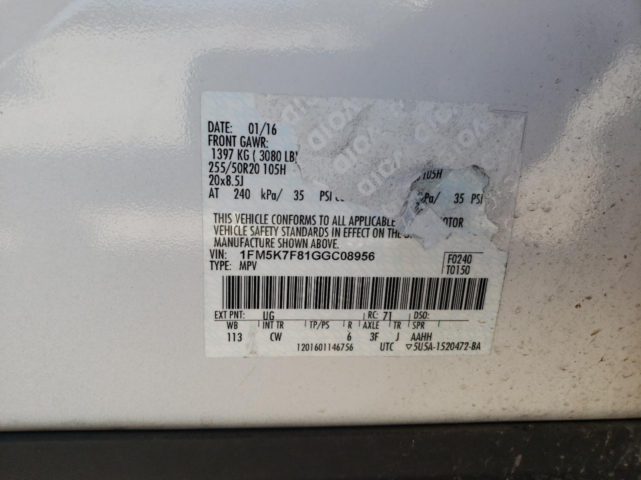 Photo 10 from auction – 2016 FORD EXPLORER L with VIN 1FM5K7F81GGC08956