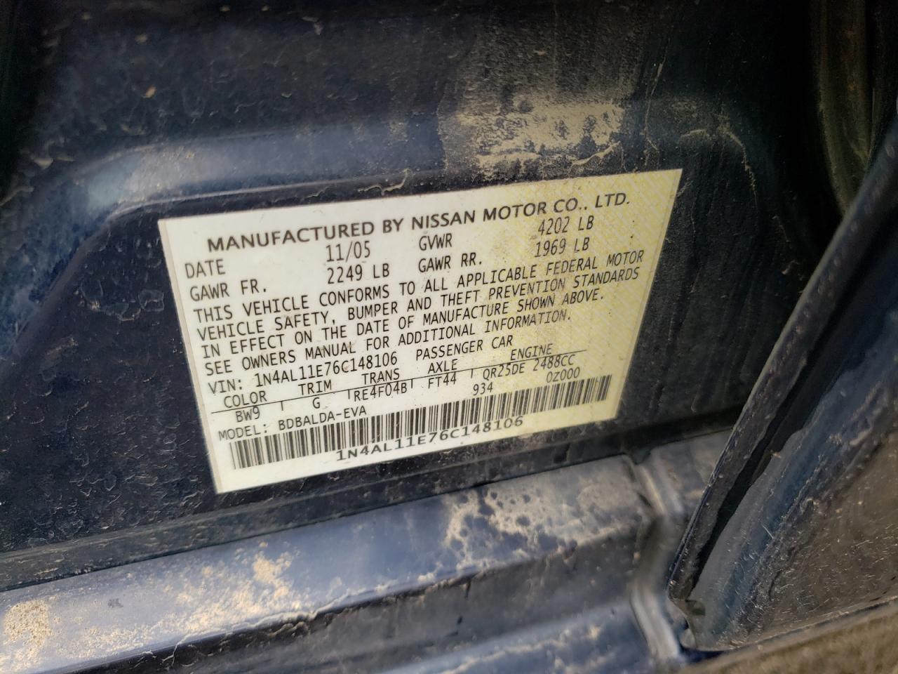 Photo 10 from auction – 2006 NISSAN ALTIMA S with VIN 1N4AL11E76C148106