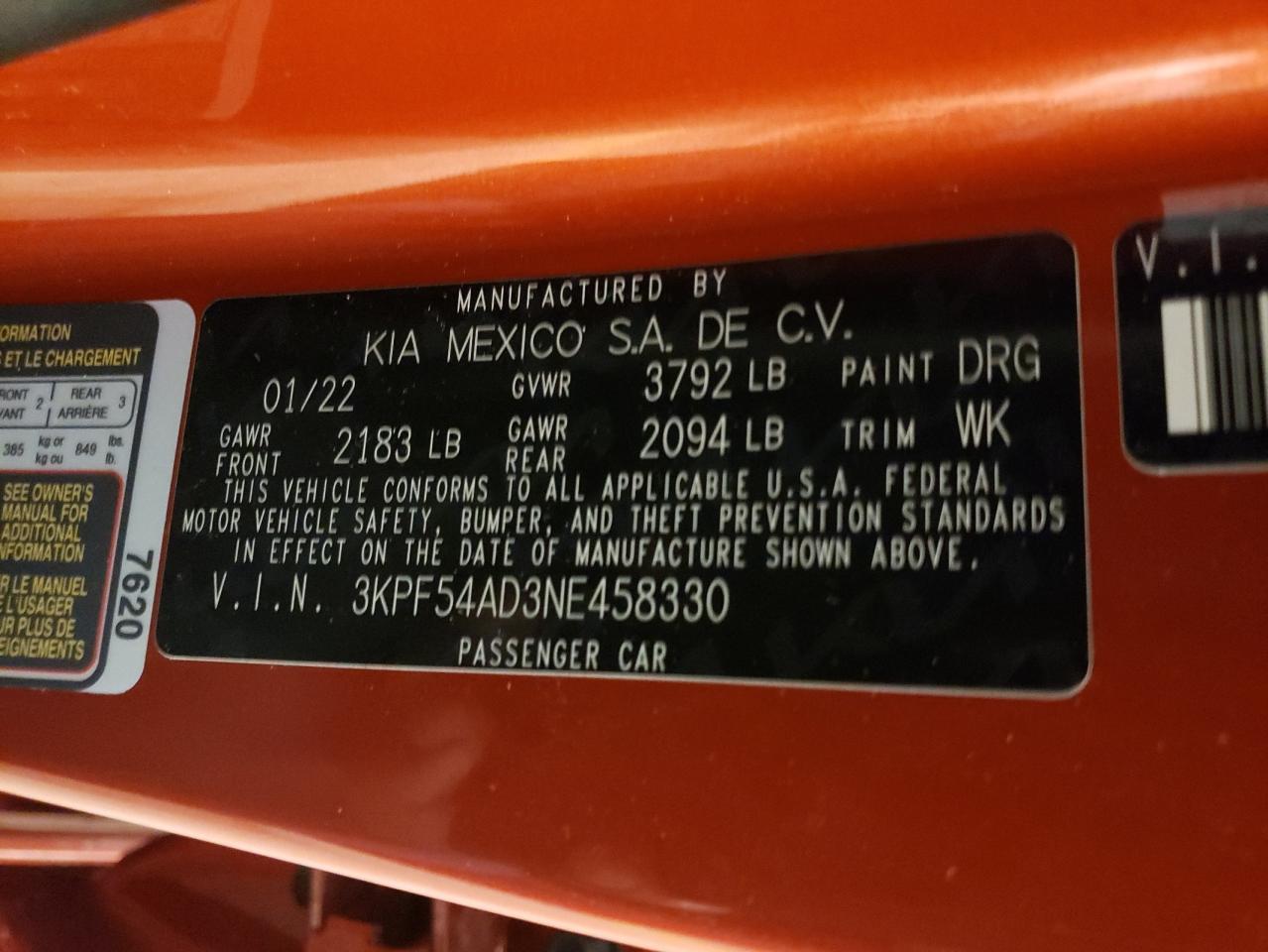 Photo 10 from auction – 2022 KIA FORTE EX with VIN 3KPF54AD3NE458330