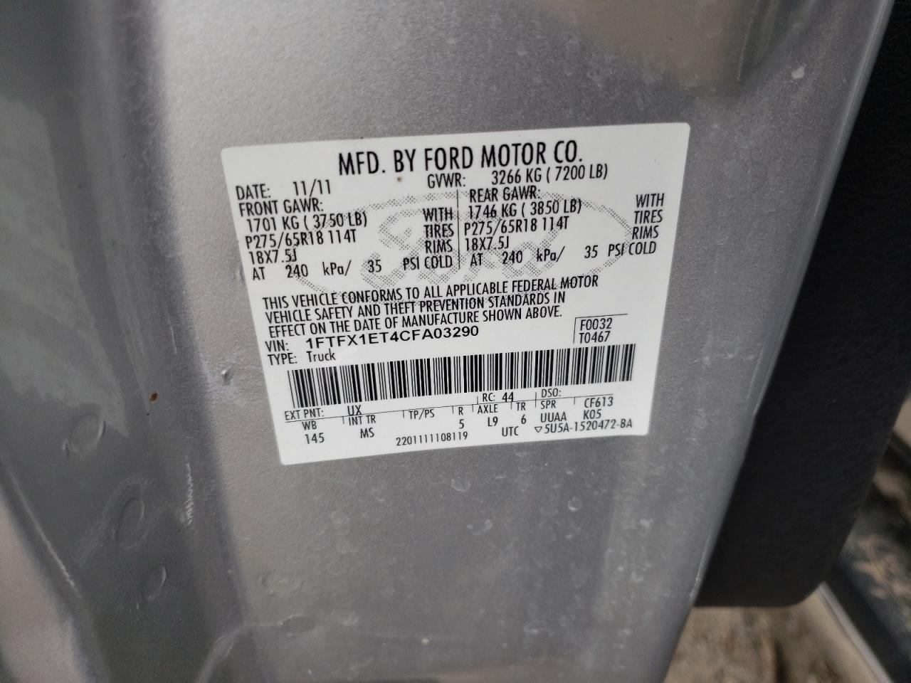 Photo 10 from auction – 2012 FORD F150 SUPER with VIN 1FTFX1ET4CFA03290