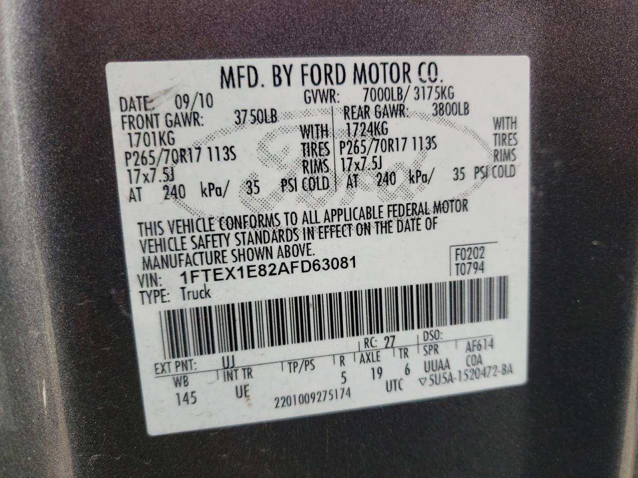 Photo 10 from auction – 2010 FORD F150 SUPER with VIN 1FTEX1E82AFD63081