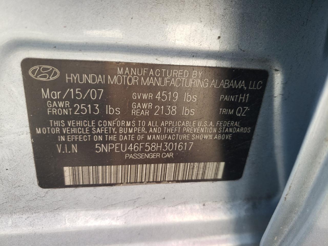 Photo 10 from auction – 2008 HYUNDAI SONATA SE with VIN 5NPEU46F58H301617