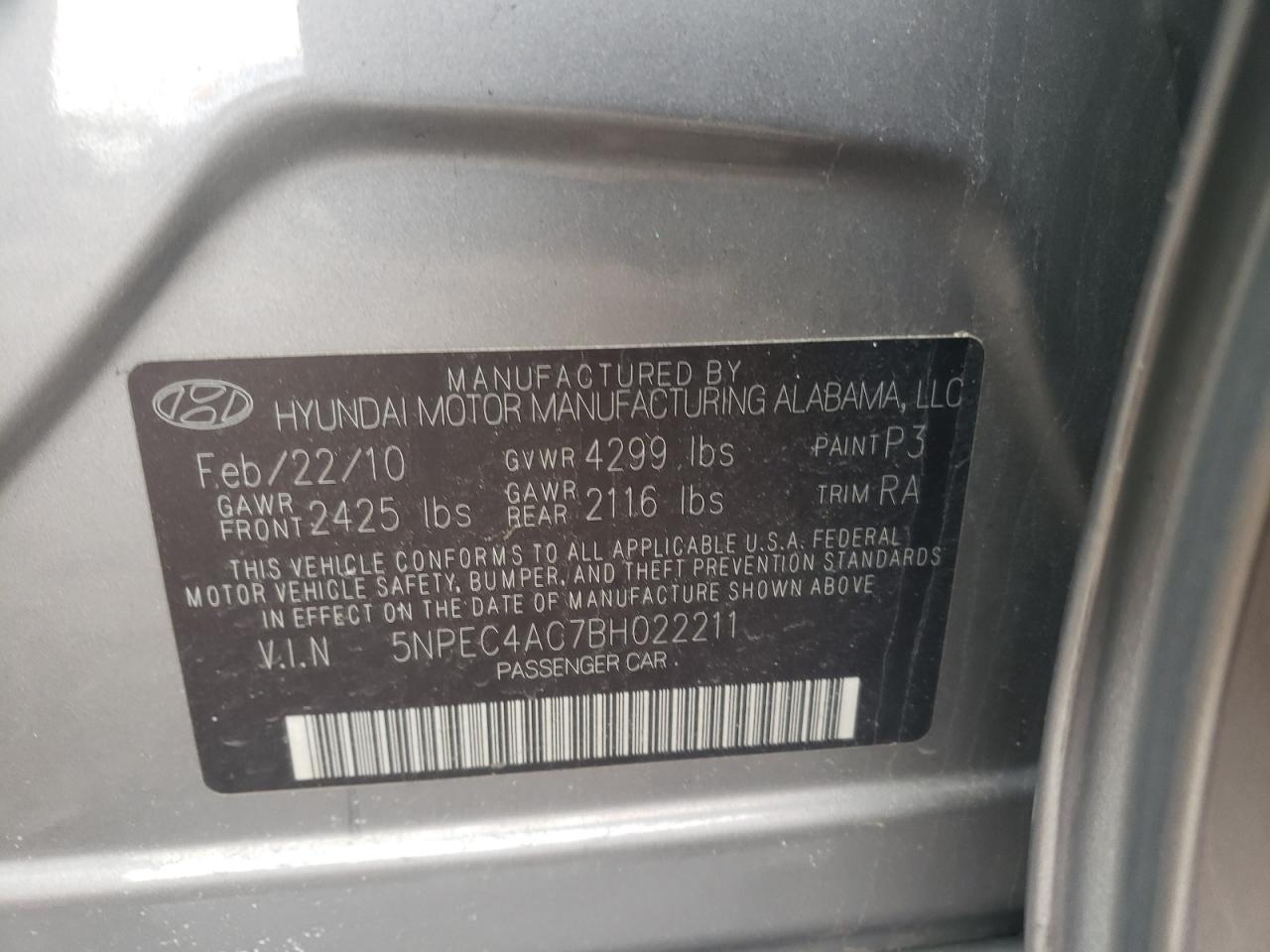 Photo 10 from auction – 2011 HYUNDAI SONATA SE with VIN 5NPEC4AC7BH022211