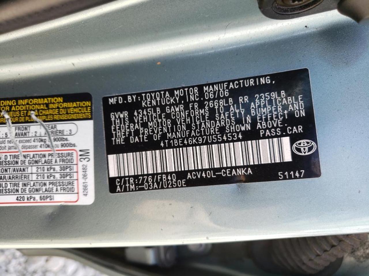 Photo 10 from auction – 2007 TOYOTA CAMRY CE with VIN 4T1BE46K97U554534