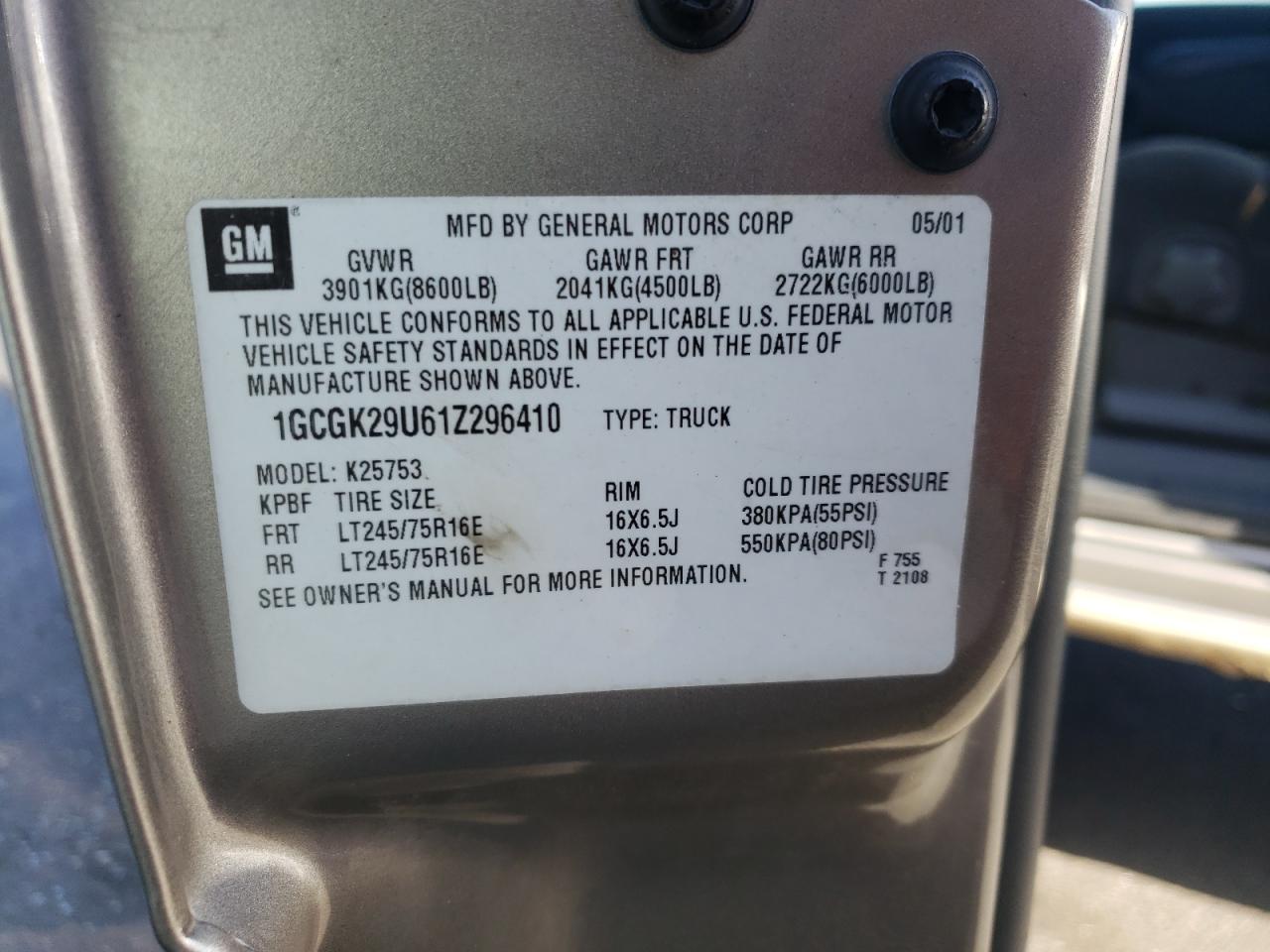 Photo 10 from auction – 2001 CHEVROLET SILVERADO with VIN 1GCGK29U61Z296410
