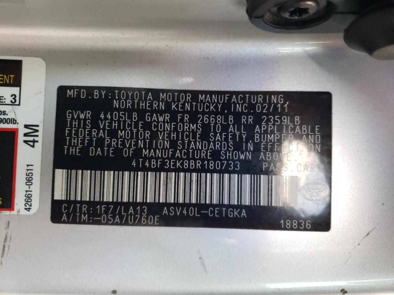 Photo 10 from auction – 2011 TOYOTA CAMRY BASE with VIN 4T4BF3EK8BR180733