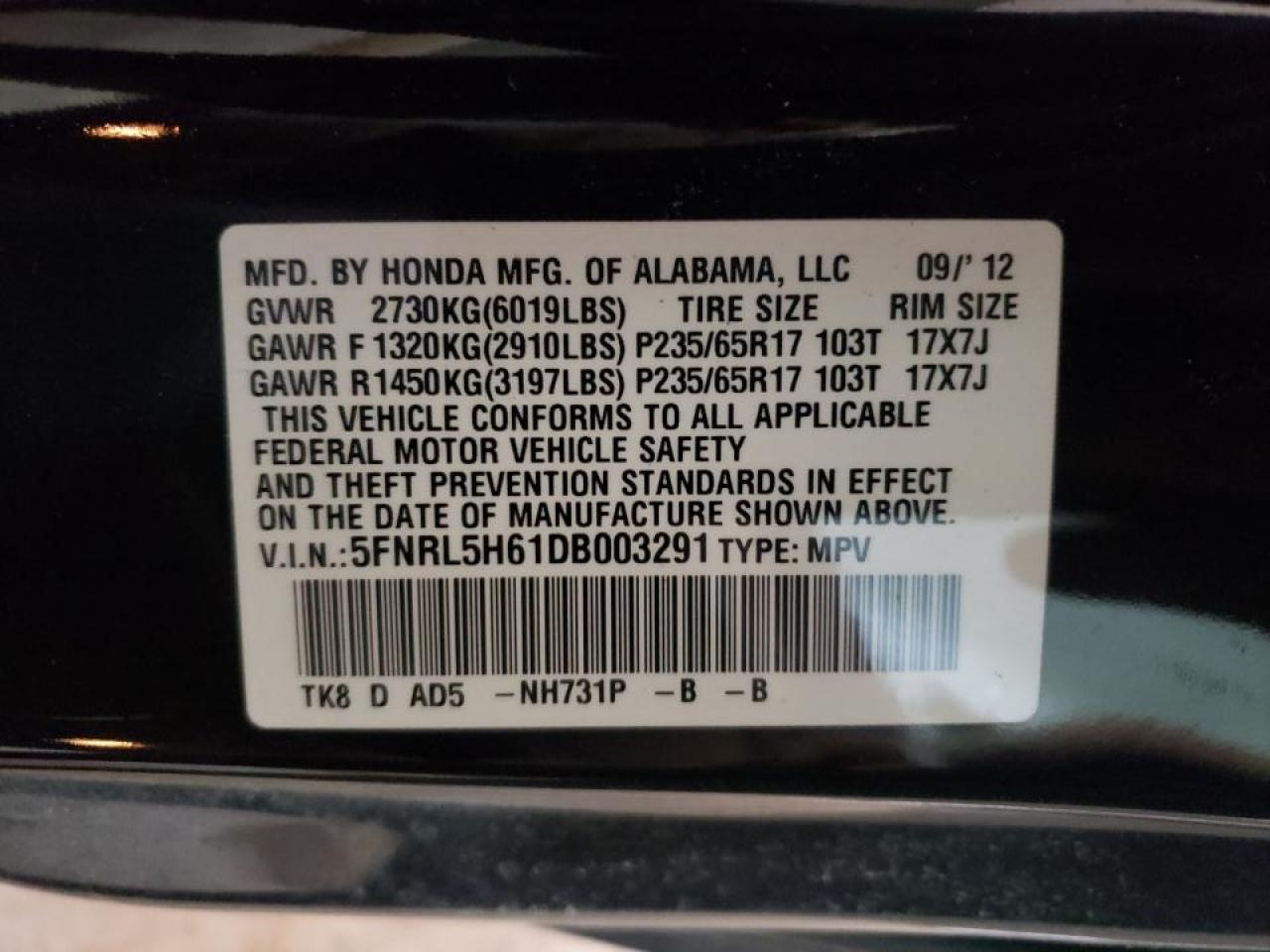 Photo 10 from auction – 2013 HONDA ODYSSEY EX with VIN 5FNRL5H61DB003291