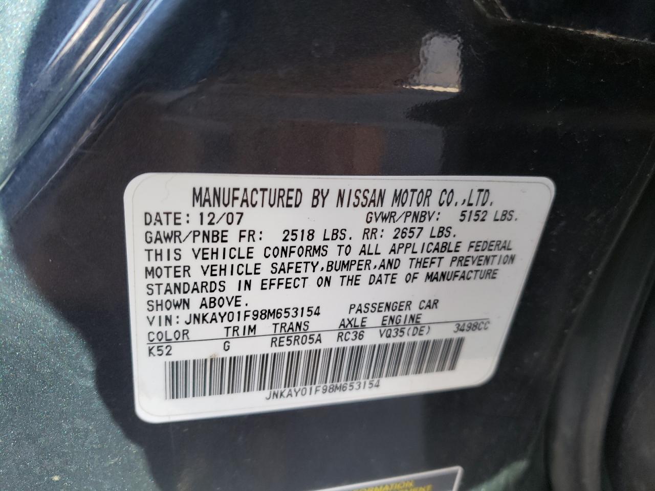 Photo 10 from auction – 2008 INFINITI M35 BASE with VIN JNKAY01F98M653154