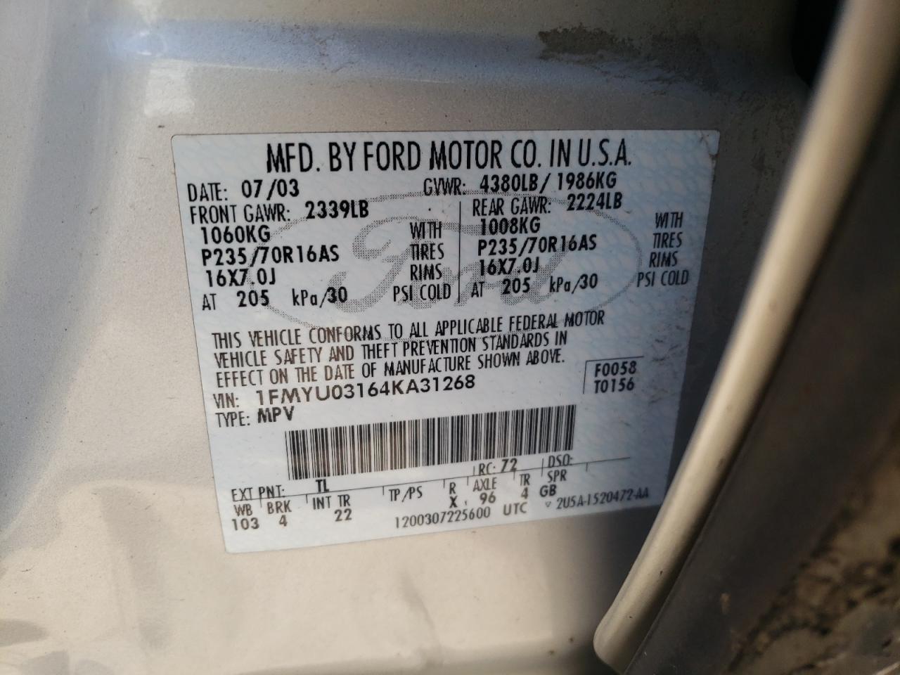 Photo 10 from auction – 2004 FORD ESCAPE XLT with VIN 1FMYU03164KA31268