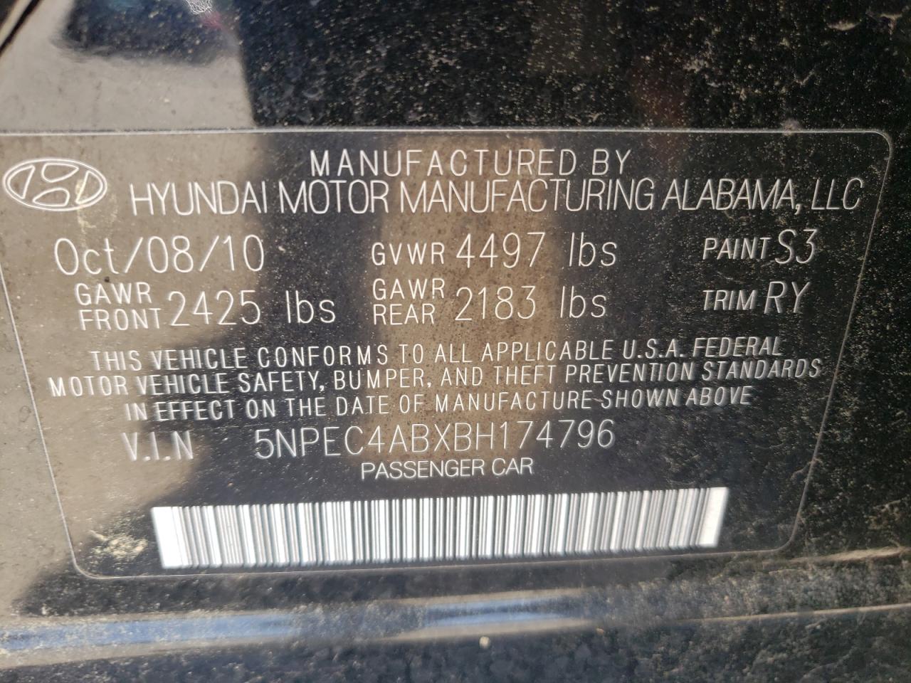 Photo 10 from auction – 2011 HYUNDAI SONATA SE with VIN 5NPEC4ABXBH174796