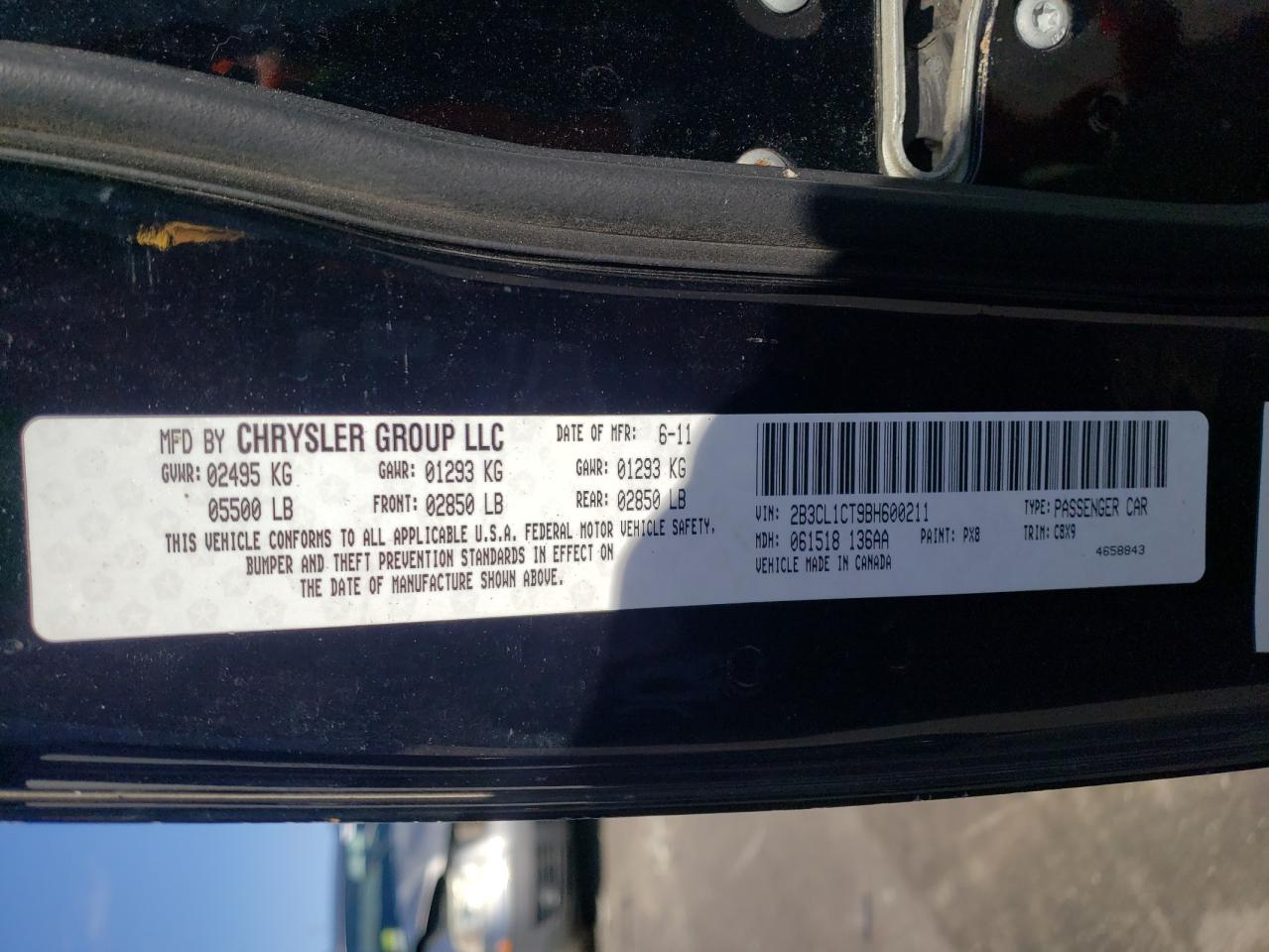 Photo 11 from auction – 2011 DODGE CHARGER PO with VIN 2B3CL1CT9BH600211