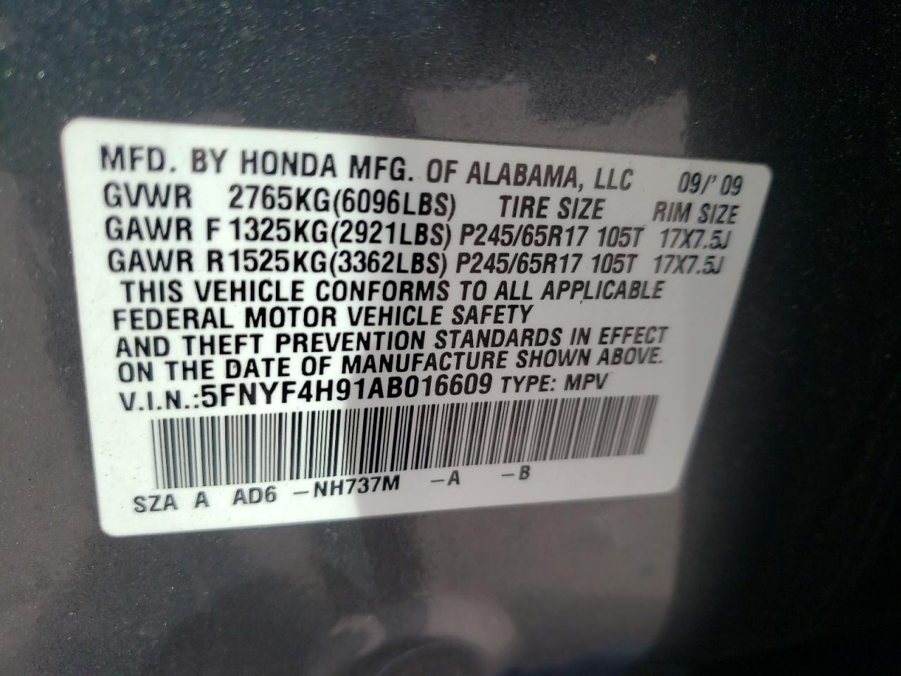 Photo 10 from auction – 2010 HONDA PILOT TOUR with VIN 5FNYF4H91AB016609