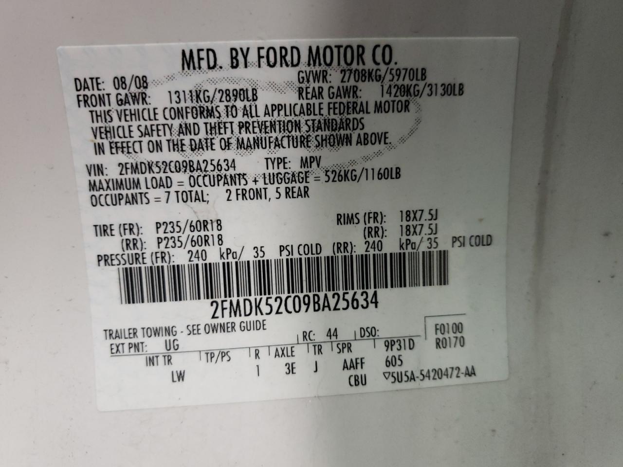 Photo 10 from auction – 2009 FORD FLEX SEL with VIN 2FMDK52C09BA25634