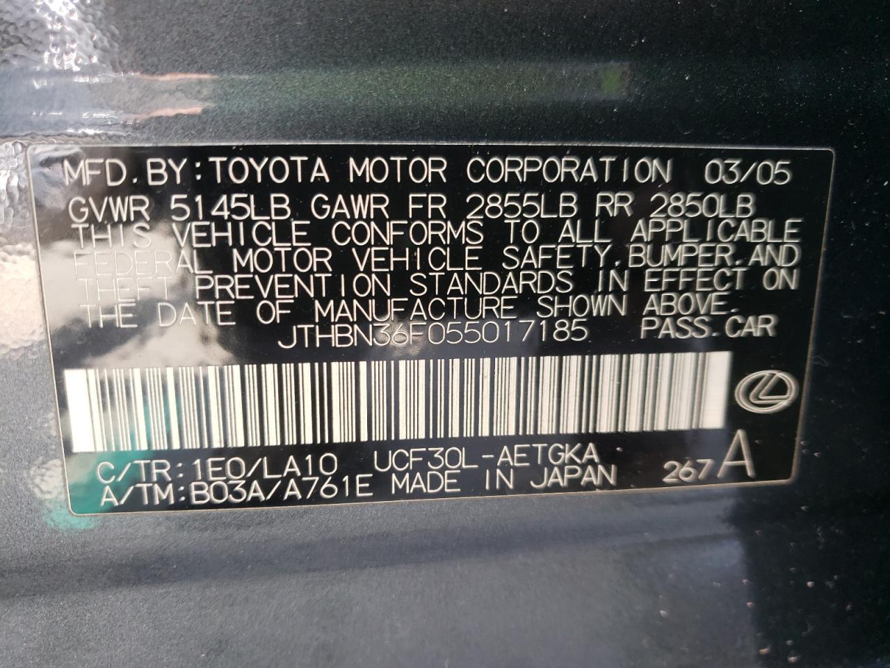 Photo 10 from auction – 2005 LEXUS LS 430 with VIN JTHBN36F055017185