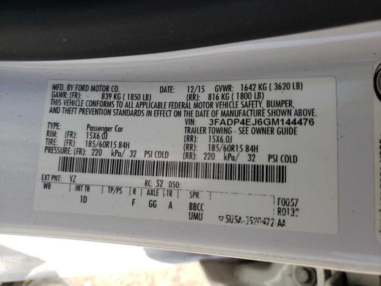 Photo 10 from auction – 2016 FORD FIESTA SE with VIN 3FADP4EJ6GM144476