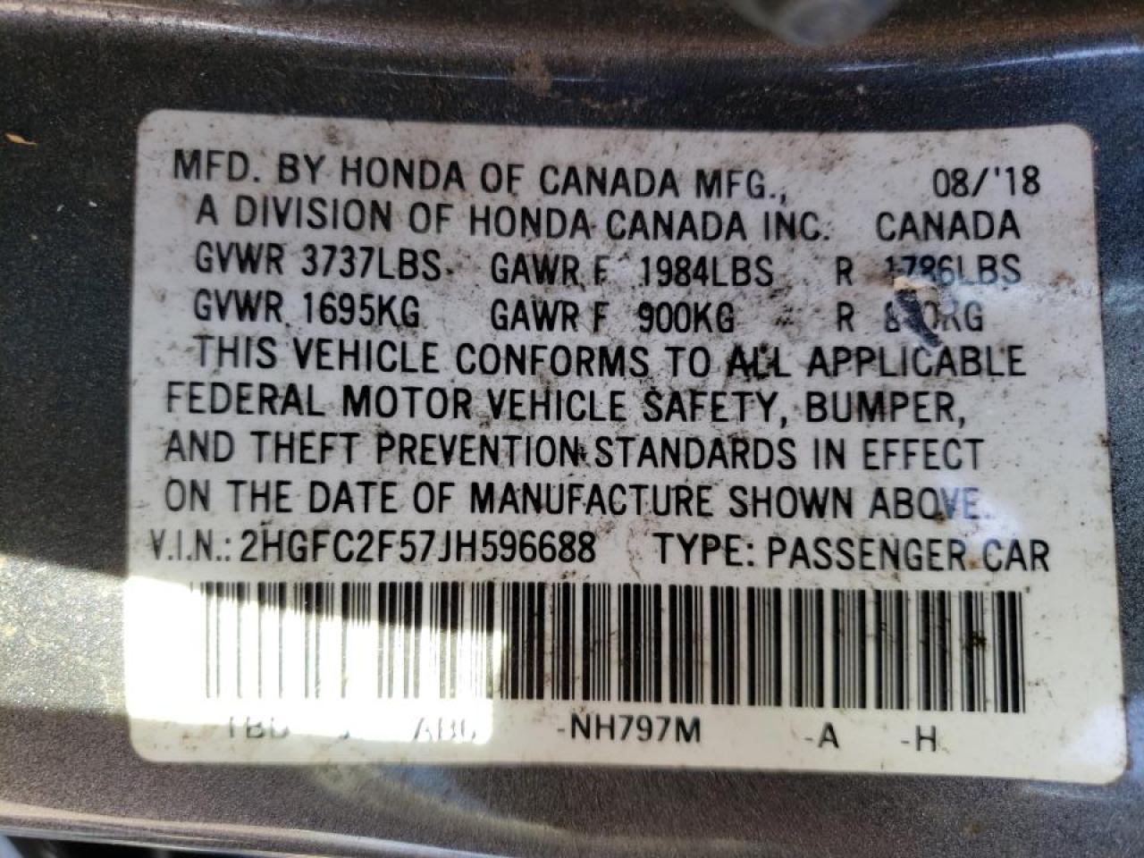 Photo 10 from auction – 2018 HONDA CIVIC LX with VIN 2HGFC2F57JH596688
