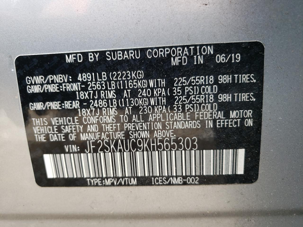 Photo 10 from auction – 2019 SUBARU FORESTER L with VIN JF2SKAUC9KH565303