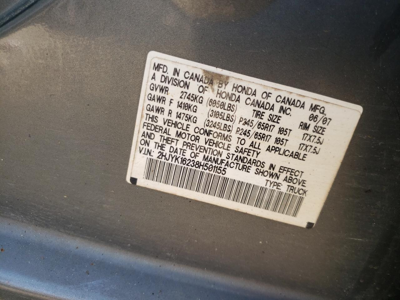 Photo 10 from auction – 2008 HONDA RIDGELINE with VIN 2HJYK16238H501155