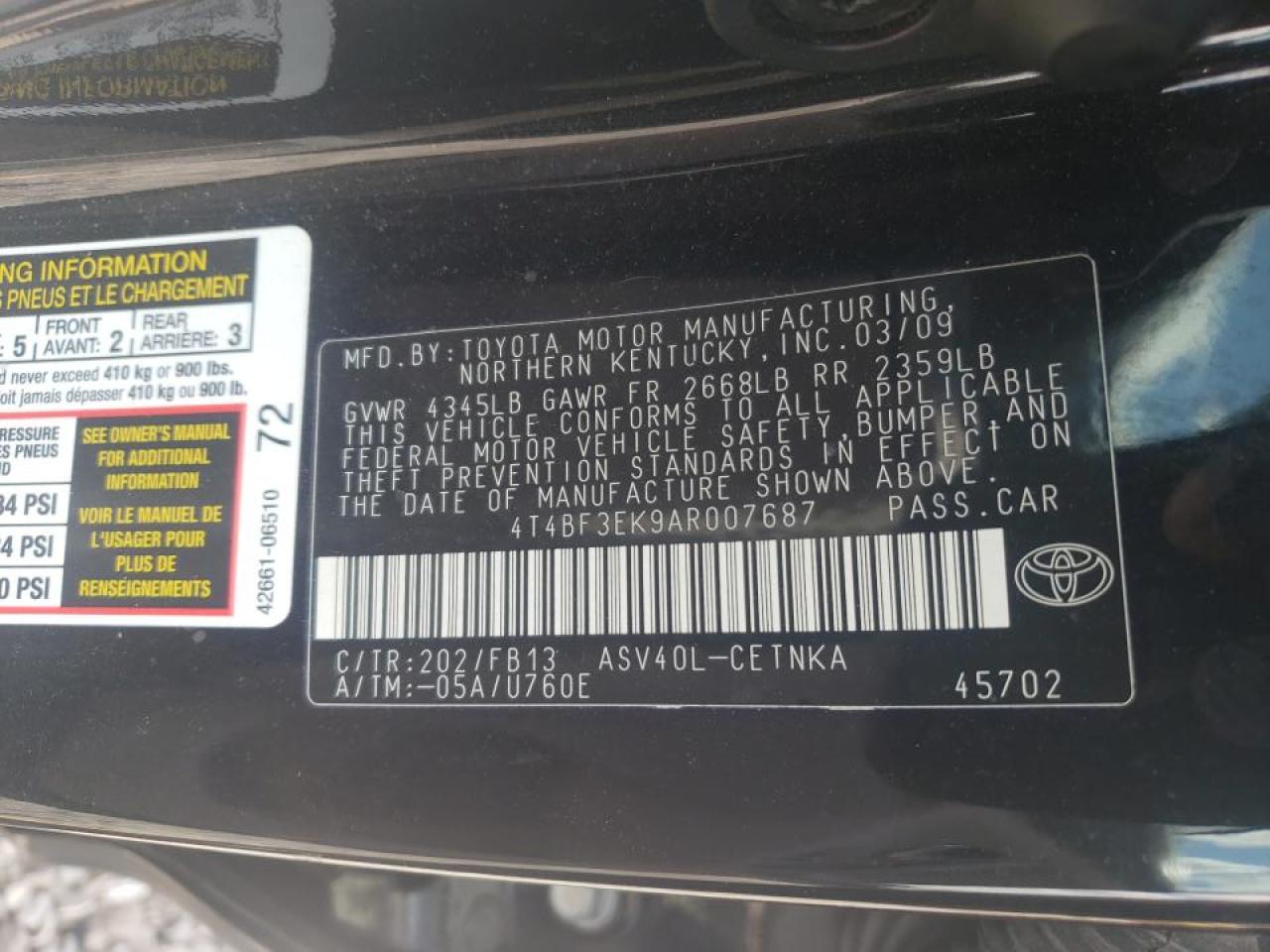 Photo 10 from auction – 2010 TOYOTA CAMRY BASE with VIN 4T4BF3EK9AR007687