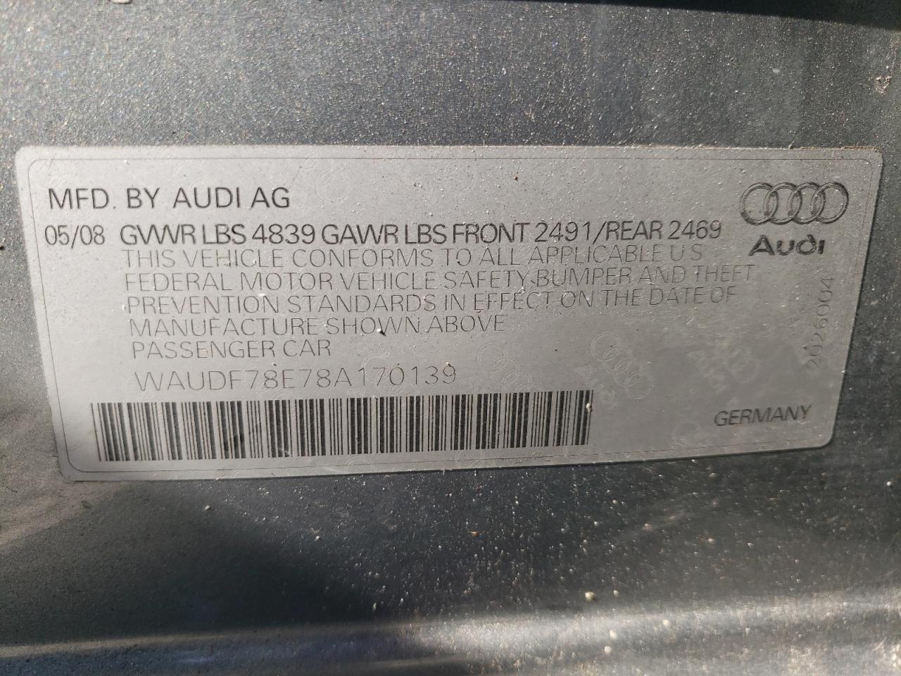 Photo 10 from auction – 2008 AUDI A4 2.0T QU with VIN WAUDF78E78A170139