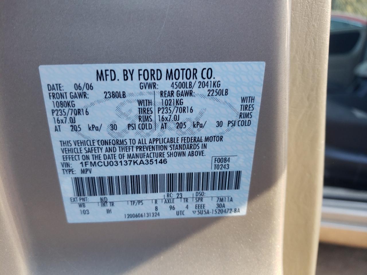 Photo 10 from auction – 2007 FORD ESCAPE XLT with VIN 1FMCU03137KA35146