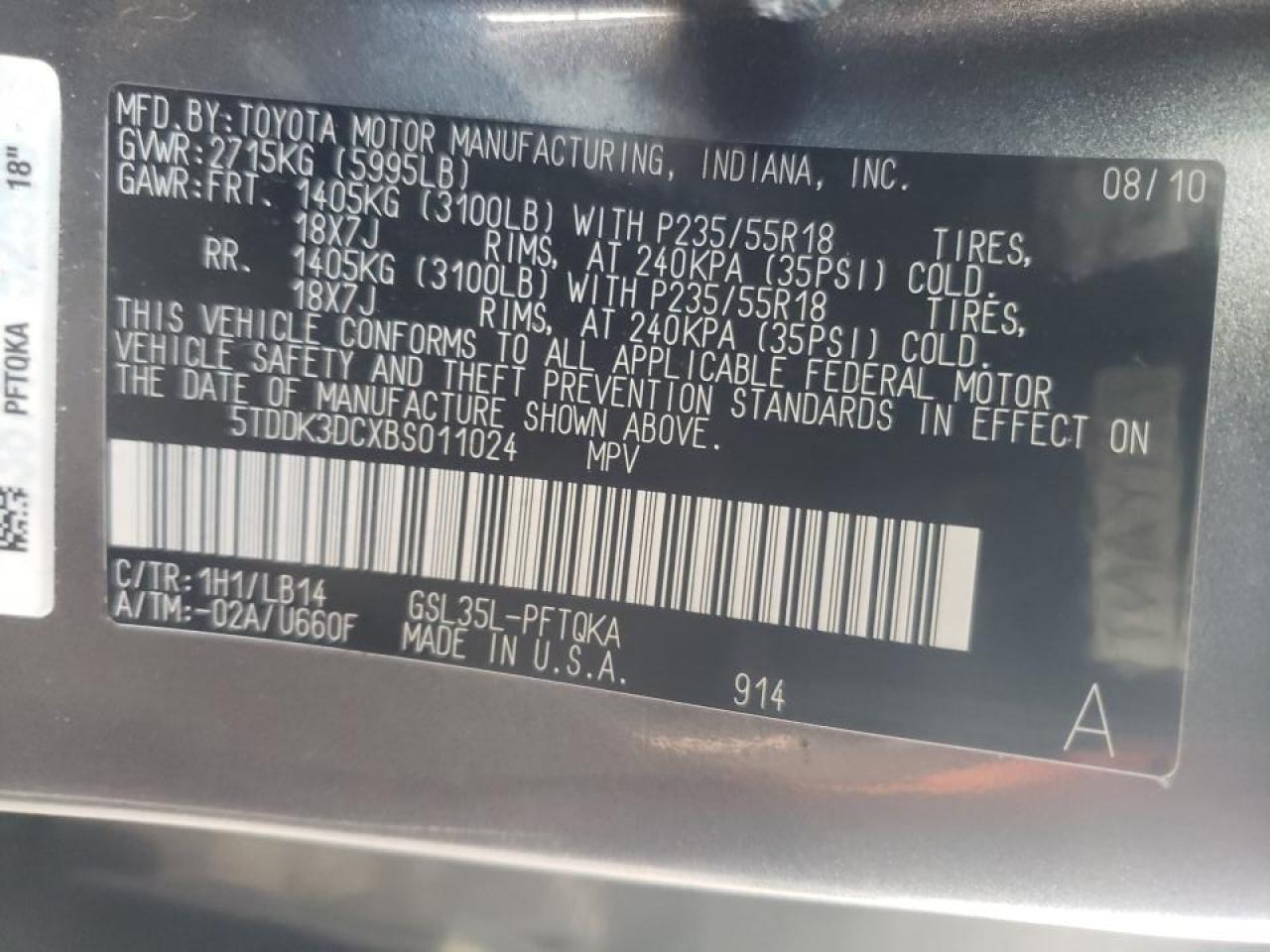 Photo 10 from auction – 2011 TOYOTA SIENNA XLE with VIN 5TDDK3DCXBS011024