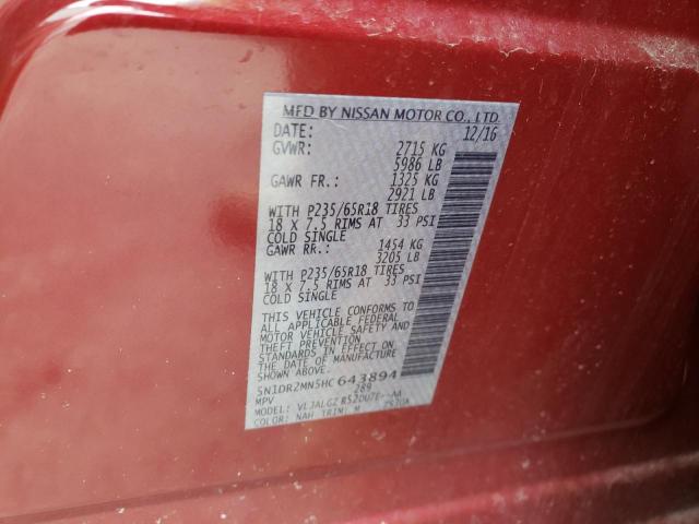 Photo 10 from auction – 2017 NISSAN PATHFINDER with VIN 5N1DR2MN5HC643894