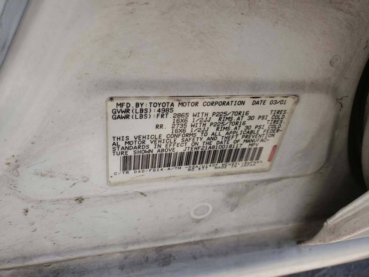 Photo 10 from auction – 2001 TOYOTA HIGHLANDER with VIN JTEHF21A810018117