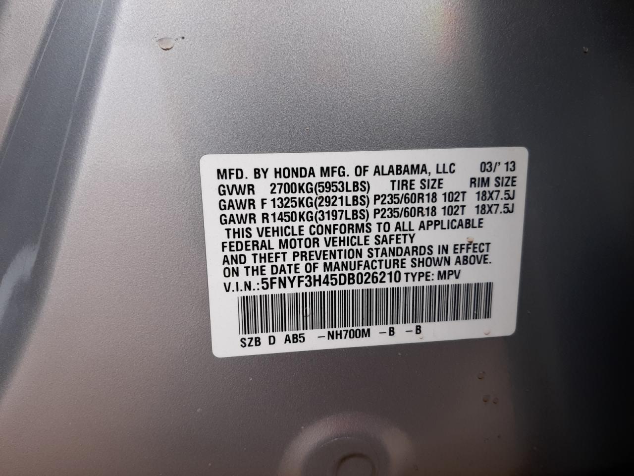 Photo 10 from auction – 2013 HONDA PILOT EX with VIN 5FNYF3H45DB026210