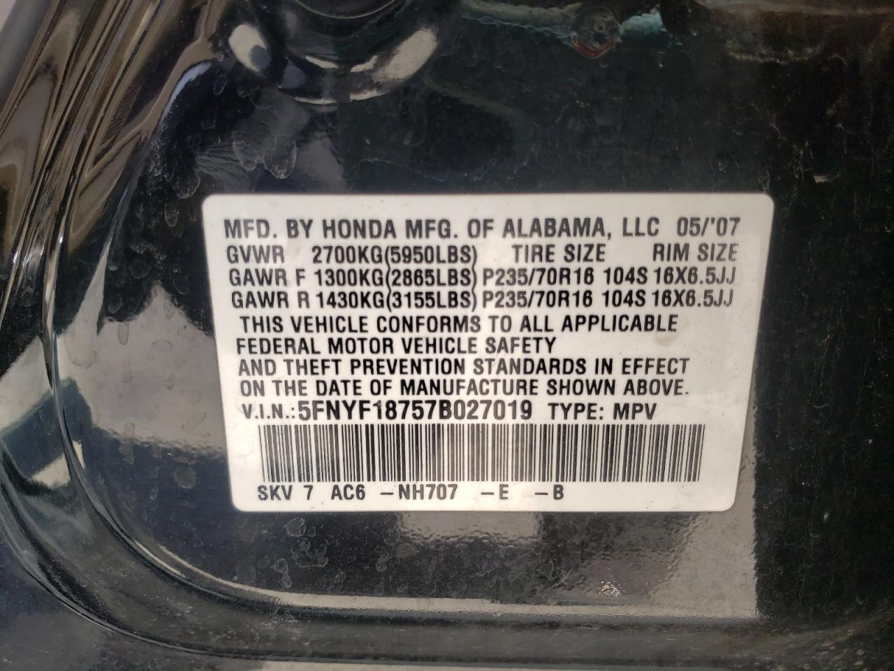 Photo 10 from auction – 2007 HONDA PILOT EXL with VIN 5FNYF18757B027019