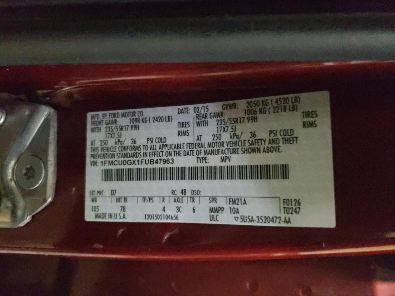 Photo 10 from auction – 2015 FORD ESCAPE SE with VIN 1FMCU0GX1FUB47963