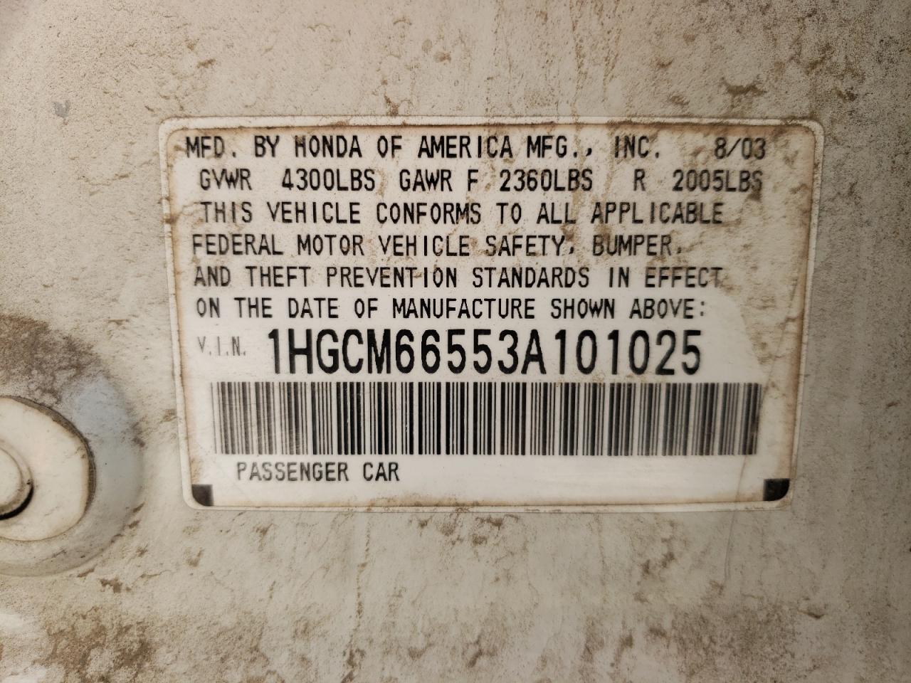 Photo 10 from auction – 2003 HONDA ACCORD EX with VIN 1HGCM66553A101025